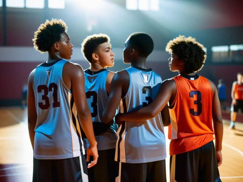 Un grupo de jóvenes jugadores de baloncesto, con el sudor brillando en sus rostros determinados, se reúnen en la cancha durante un descanso en su práctica intensa