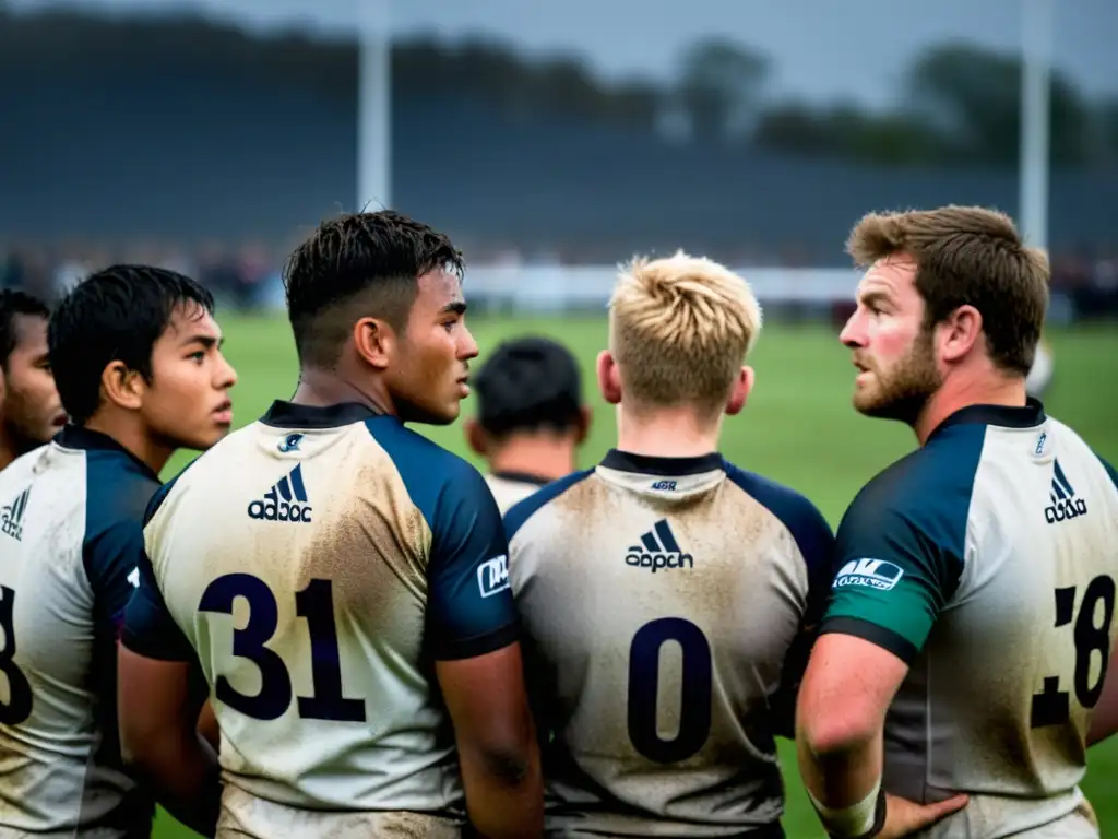 Grupo de jóvenes jugadores de rugby escuchan atentamente a su entrenador en un campo embarrado