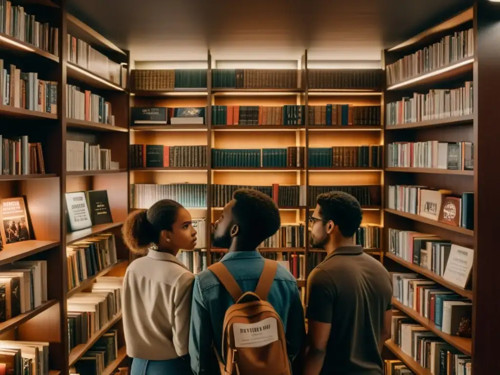 Un grupo de jóvenes se sumerge en la lectura en una biblioteca iluminada tenue, rodeados de libros y pósters que representan la rebeldía literaria