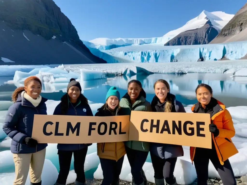 Grupo de jóvenes líderes climáticas con mensajes sobre cambio climático, frente a un glaciar derretido