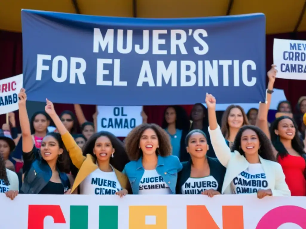 Grupo de jóvenes líderes en empoderamiento femenino climático, unidas en el escenario frente a una multitud, transmitiendo determinación y pasión