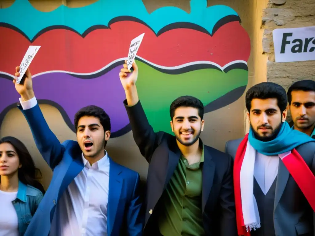 Grupo de jóvenes manifestantes iraníes desafían al régimen con esperanza y determinación frente a grafitis políticos vibrantes