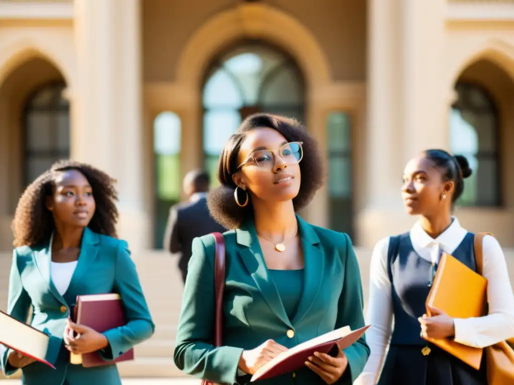 Un grupo de jóvenes mujeres diversas en atuendo académico, frente a un edificio universitario, representando el empoderamiento académico de mujeres