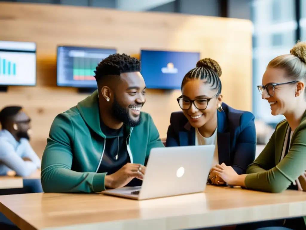 Un grupo de jóvenes profesionales colaborando en un moderno espacio de coworking, representando oportunidades laborales para jóvenes en la era digital