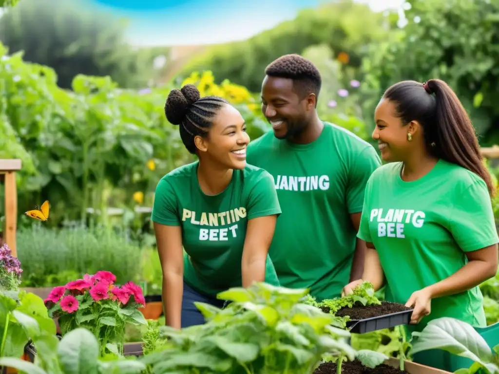 Un grupo de jóvenes diversos colaborando en un próspero huerto comunitario, rodeados de naturaleza y tecnología ecofriendly