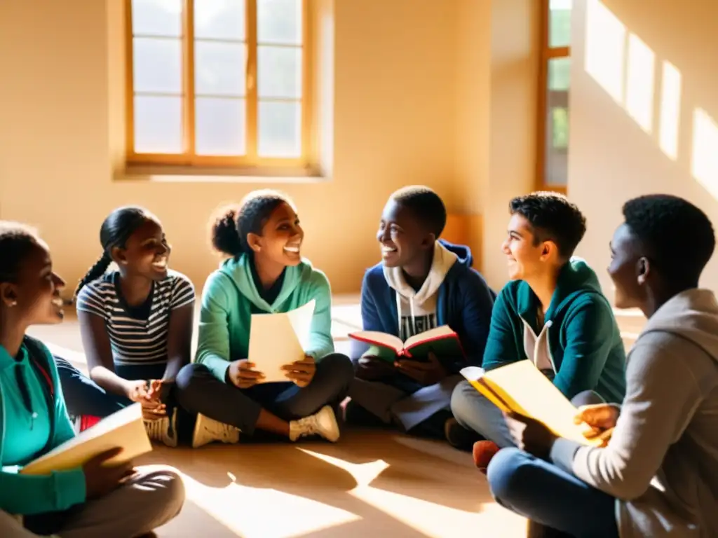 Grupo de jóvenes refugiados participando en animada discusión educativa, rodeados de materiales diversos, transmitiendo determinación y esperanza