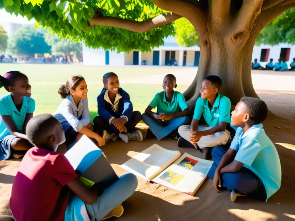 Grupo de jóvenes refugiados participando en una animada discusión al aire libre bajo un árbol, rodeados de material educativo