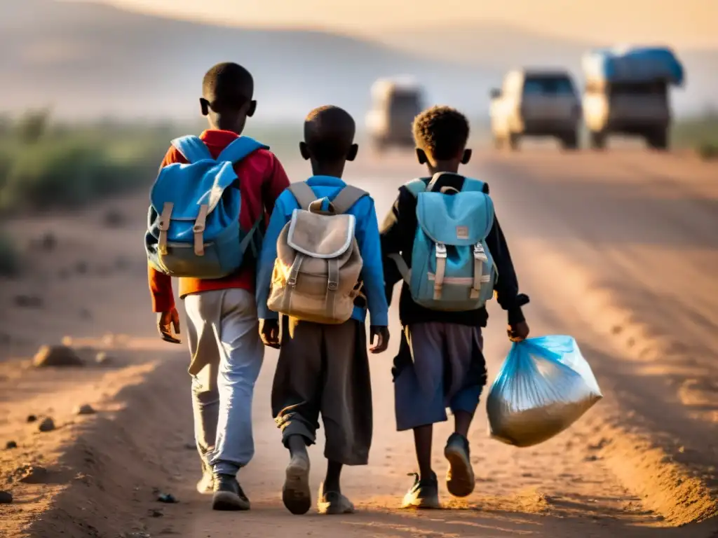 Un grupo de jóvenes refugiados camina por un camino polvoriento, llevando sus escasas pertenencias en mochilas desgastadas