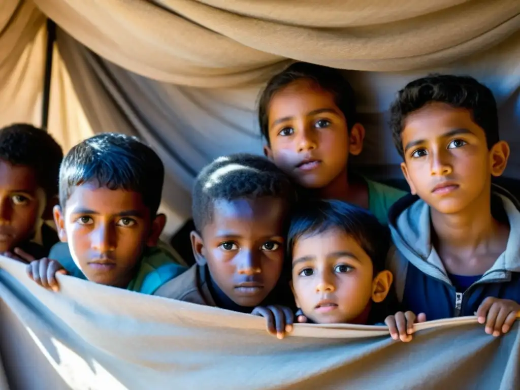 Un grupo de jóvenes refugiados en un improvisado refugio, sus rostros reflejan el impacto de la guerra en su mirada entre incertidumbre y resiliencia