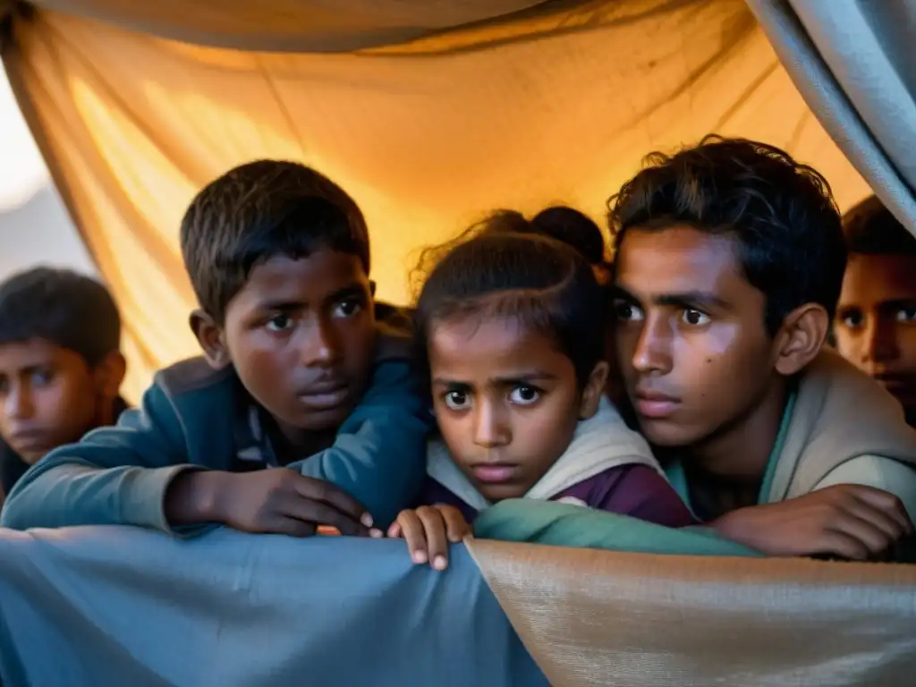 Un grupo de jóvenes refugiados se reúnen en un refugio improvisado, mostrando resiliencia ante el impacto de la guerra