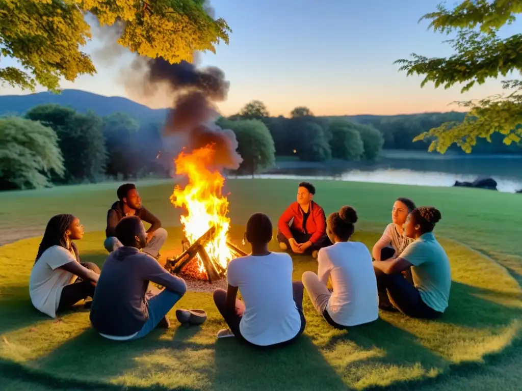 Grupo de jóvenes reunidos alrededor de una fogata, discutiendo sobre la ecoansiedad en jóvenes por cambio climático