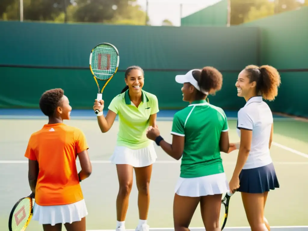 Un grupo de jóvenes tenistas de diferentes orígenes sonrientes, vistiendo ropa de tenis y sosteniendo raquetas, se reúnen en una cancha soleada