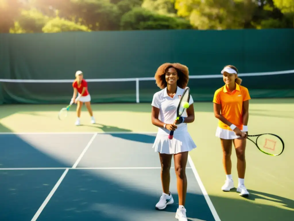 Un grupo de jóvenes tenistas practican sus saques en una cancha soleada, mostrando su pasión por el tenis como herramienta de integración