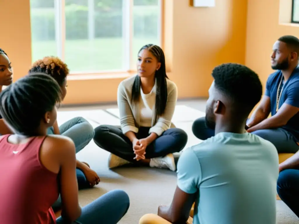 Un grupo de jóvenes en terapia, con un consejero compasivo liderando la discusión