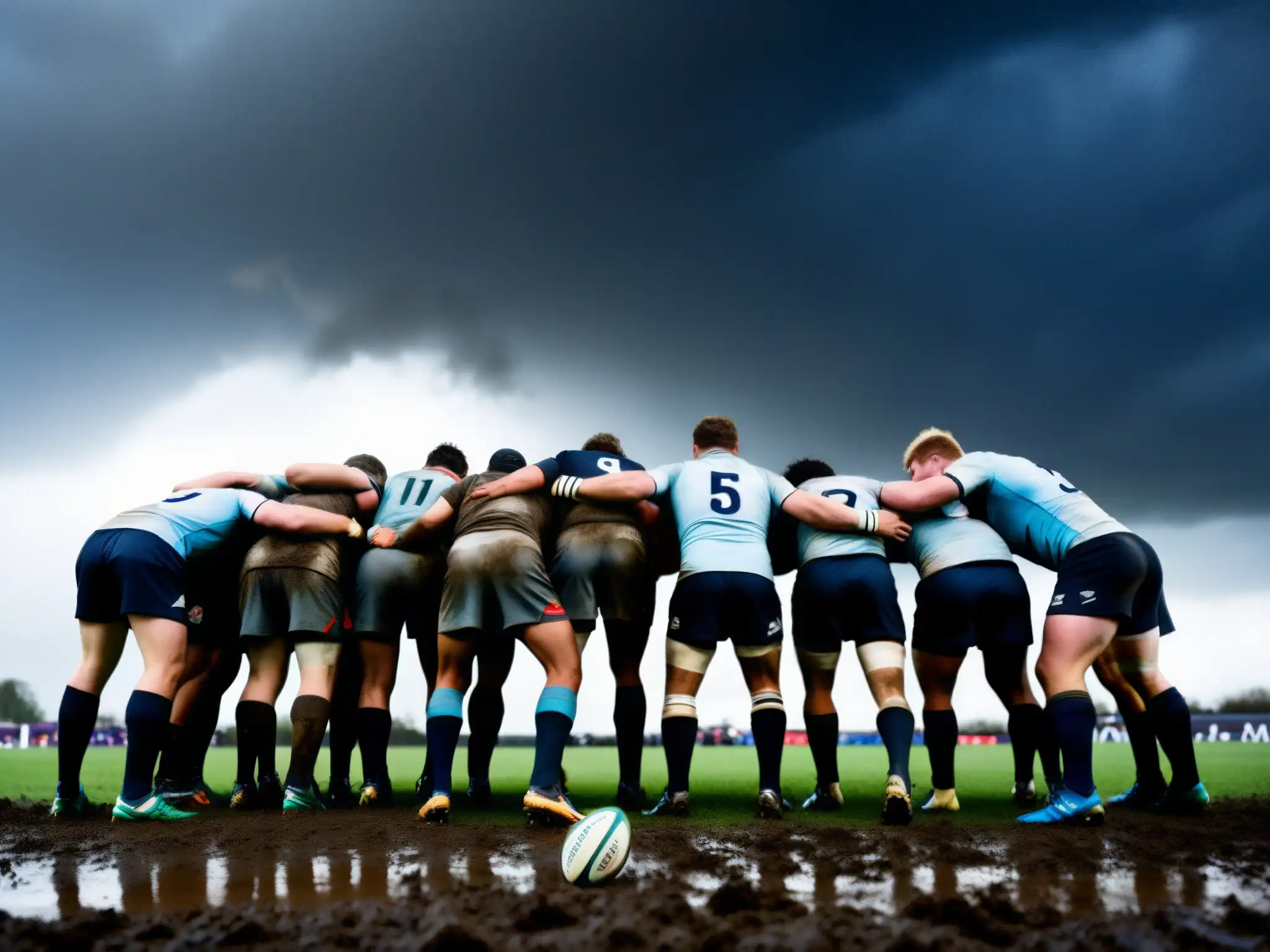 Grupo de jugadores de rugby luchando en el campo, cubiertos de barro, reflejando determinación y trabajo en equipo