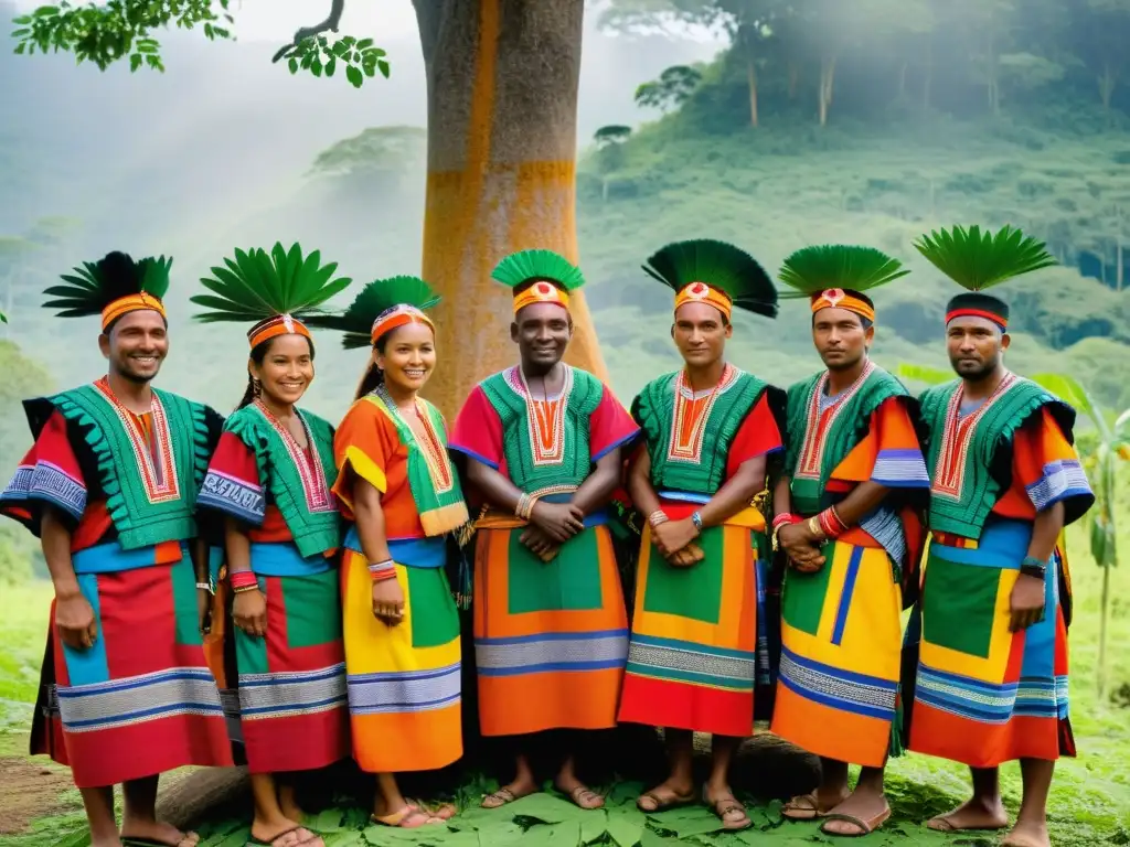 Grupo de Kuna en ceremonia bajo árbol ancestral en selva, reflejando la Autonomía del Pueblo Kuna en Panamá