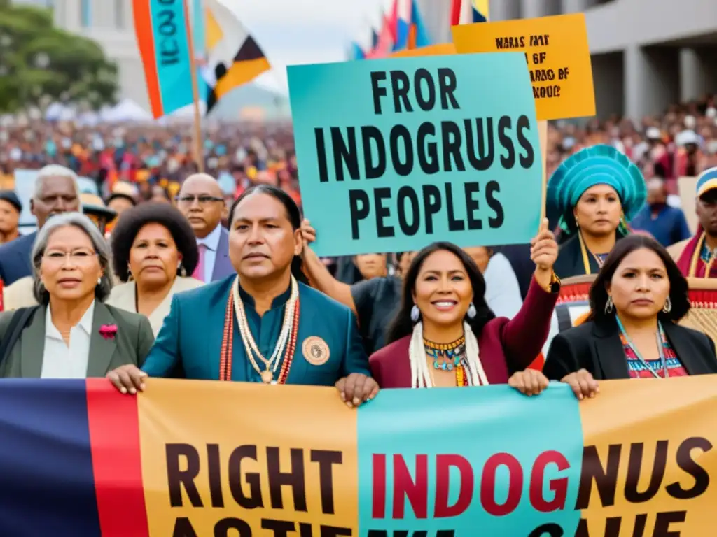 Un grupo de líderes y activistas indígenas con atuendos tradicionales, sosteniendo pancartas en una manifestación por los derechos de los pueblos indígenas