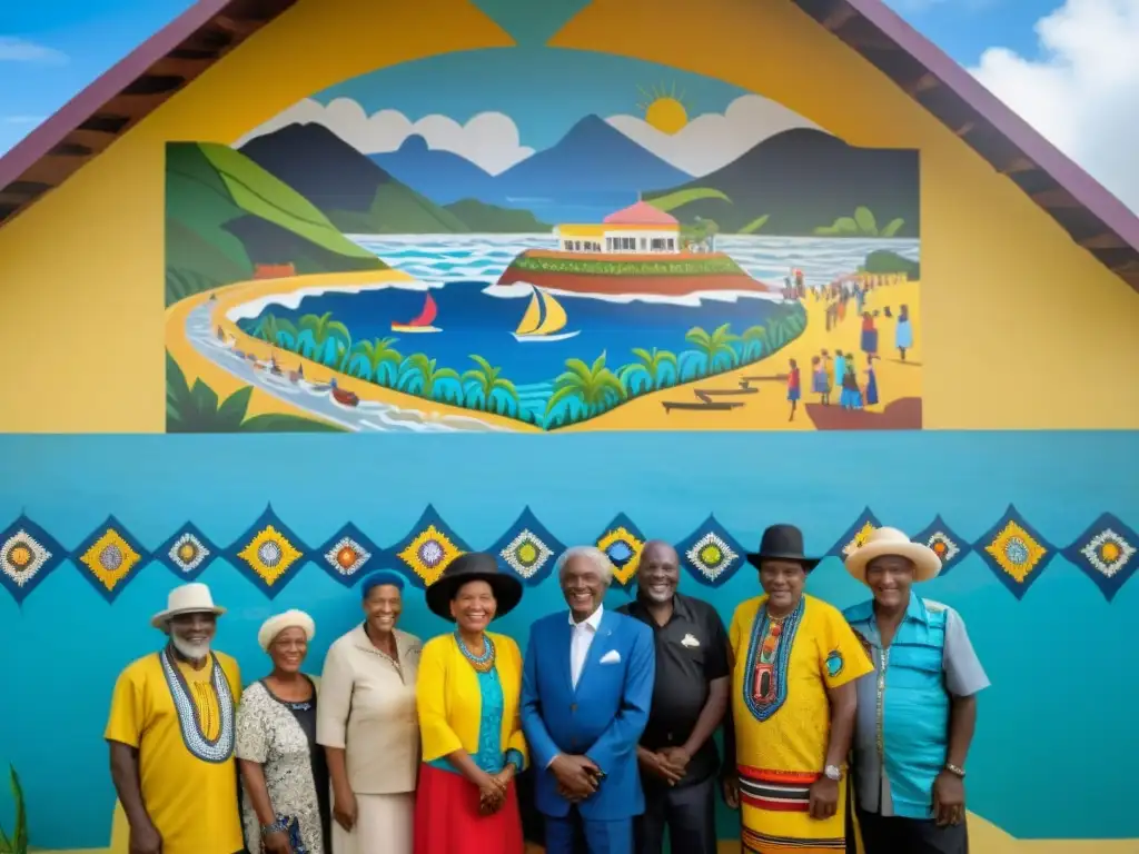 Grupo de líderes y ancianos Garífunas frente a mural vibrante que representa su herencia cultural y la lucha del pueblo Garífuna Honduras