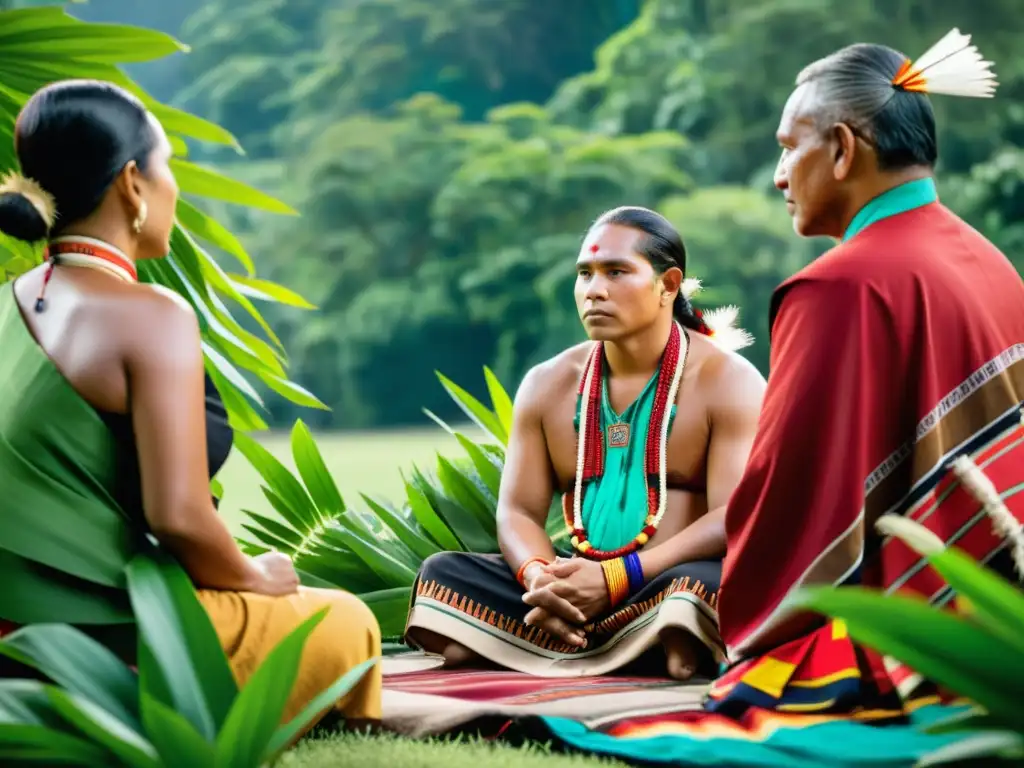 Grupo de líderes indígenas en ceremonia, rodeados de naturaleza exuberante y textiles coloridos, transmitiendo fuerza y preservación cultural