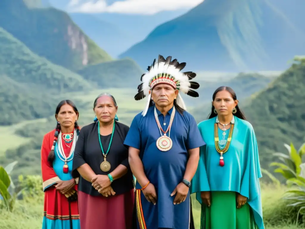 Grupo de líderes indígenas firmes defendiendo su territorio ancestral frente a amenazas por recursos naturales