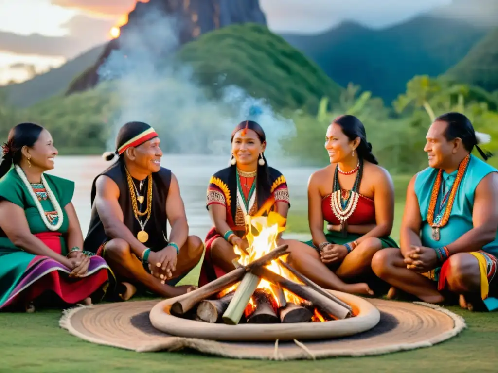 Un grupo de líderes indígenas se reúnen alrededor de un fuego ceremonial, transmitiendo unidad y resiliencia