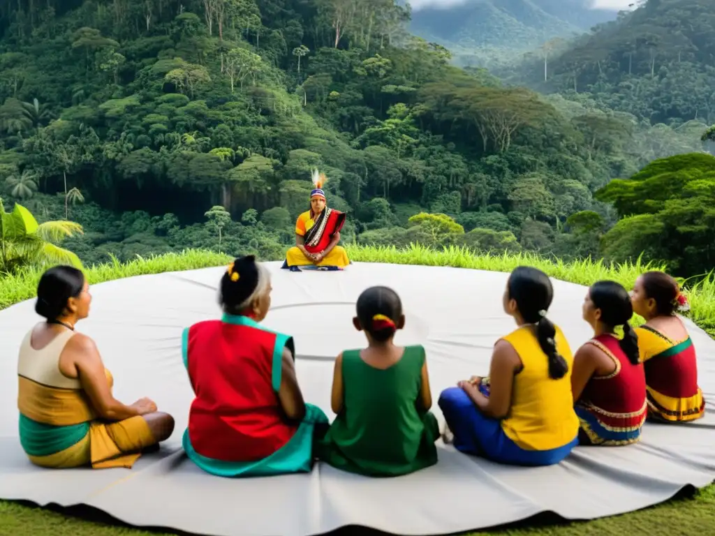 Grupo de líderes indígenas junto a un niño, en un círculo, en la selva