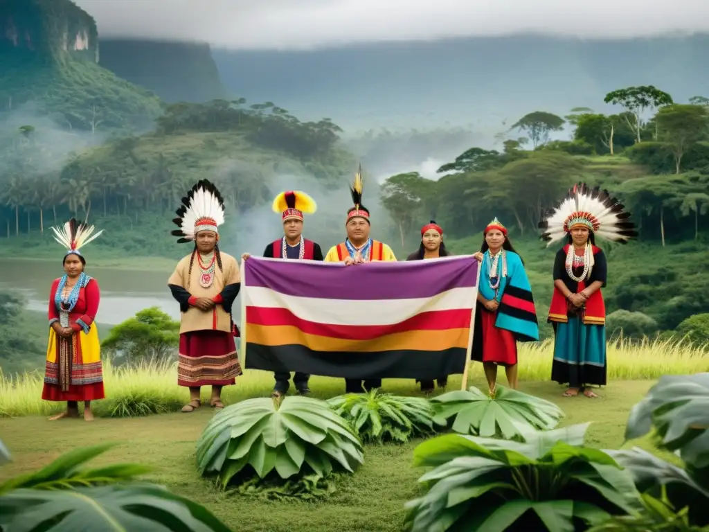 Grupo de líderes indígenas en lucha por el territorio, rodeados de naturaleza exuberante y textiles tradicionales coloridos