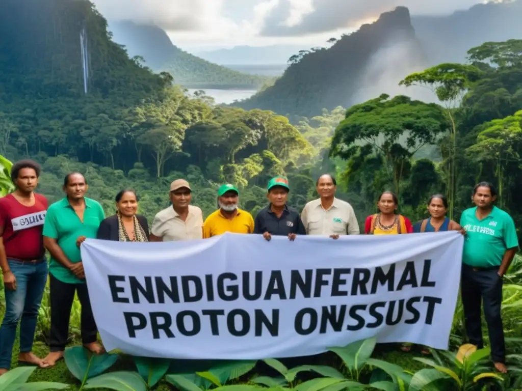 Grupo de líderes indígenas y miembros de la comunidad defienden la selva tropical contra el impacto ambiental de la industria petrolera