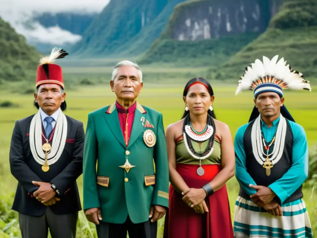 Grupo de líderes indígenas orgullosos frente a su territorio ancestral en Awas Tingni, mostrando determinación y lucha por el territorio indígena