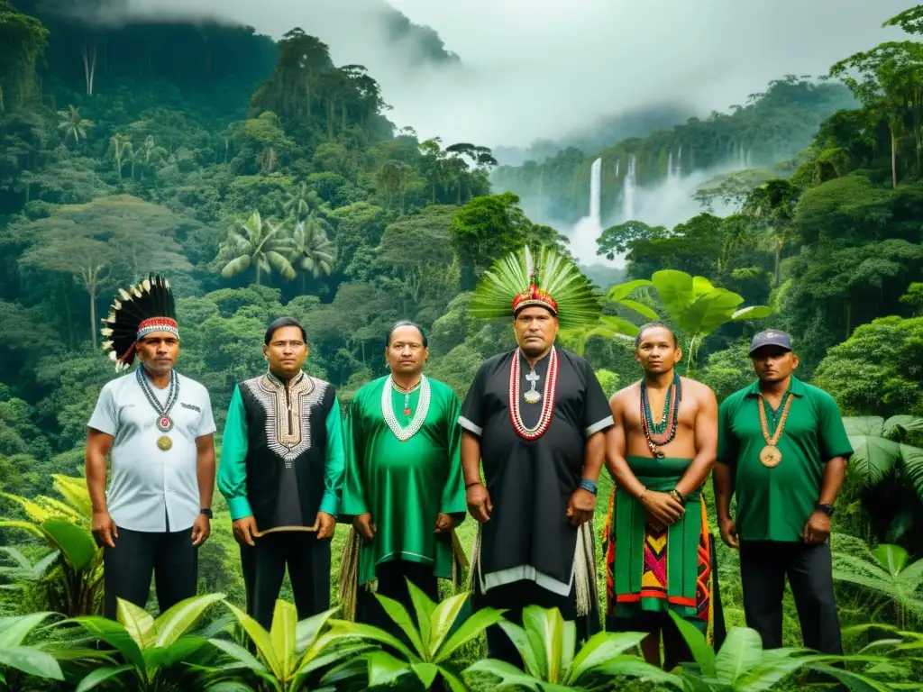 Grupo de líderes indígenas orgullosos frente a la exuberante selva, mostrando determinación y unidad en la lucha por el territorio indígena