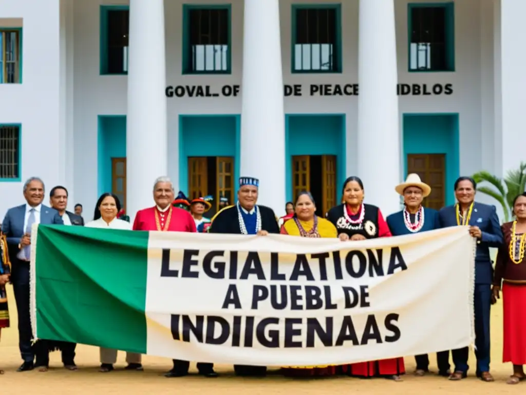 Grupo de líderes indígenas en protesta pacífica frente a edificio gubernamental, con pancarta 'Legislación a favor de pueblos indígenas', mostrando determinación y unidad en su lucha por los derechos de sus comunidades