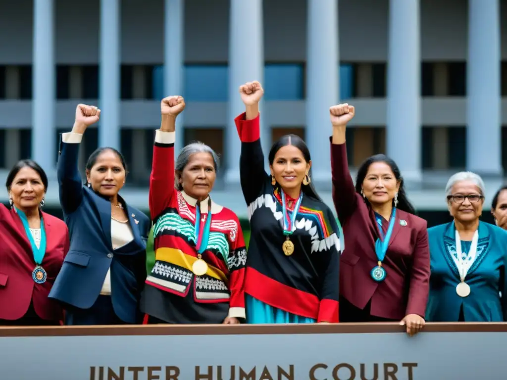 Grupo de líderes indígenas con puños en alto frente a la Corte Interamericana de Derechos Humanos, en lucha por el territorio indígena