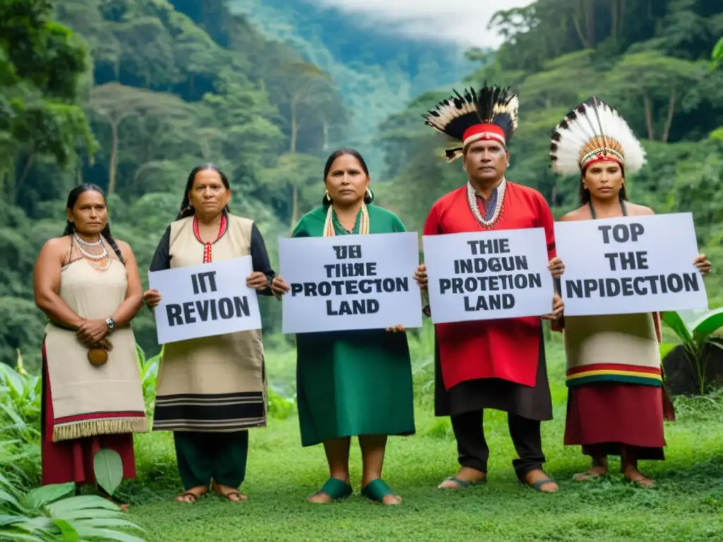 Grupo de líderes indígenas en ropa tradicional, con expresiones determinadas, defienden la protección de la tierra en un bosque exuberante