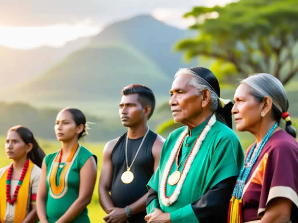 Grupo de líderes indígenas en su territorio ancestral, vestidos con colores vibrantes, transmitiendo determinación y lucha por el territorio indígena