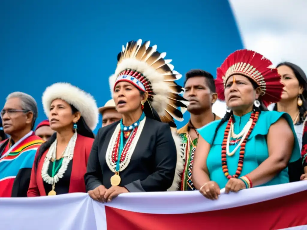 Grupo de líderes indígenas defienden tierras ancestrales frente a multitud diversa en apasionada campaña de comunicación tierras indígenas