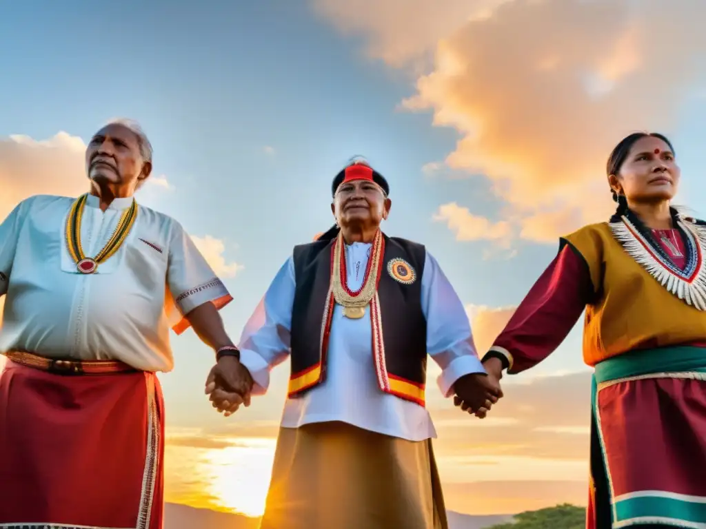 Grupo de líderes indígenas unidos, mirando con determinación hacia el horizonte al atardecer, representando la fuerza de los movimientos indígenas por los derechos humanos globales