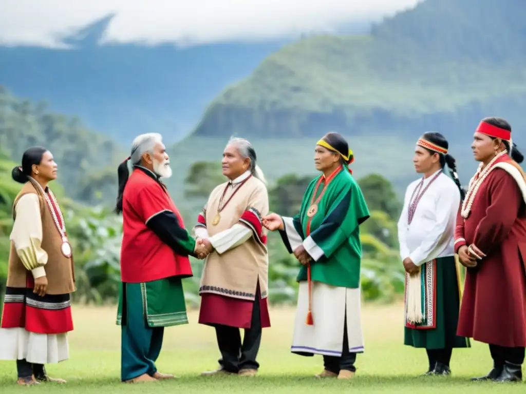 Grupo de líderes indígenas unidos en resistencia contra explotación económica, con montañas nevadas y bosque verde de fondo