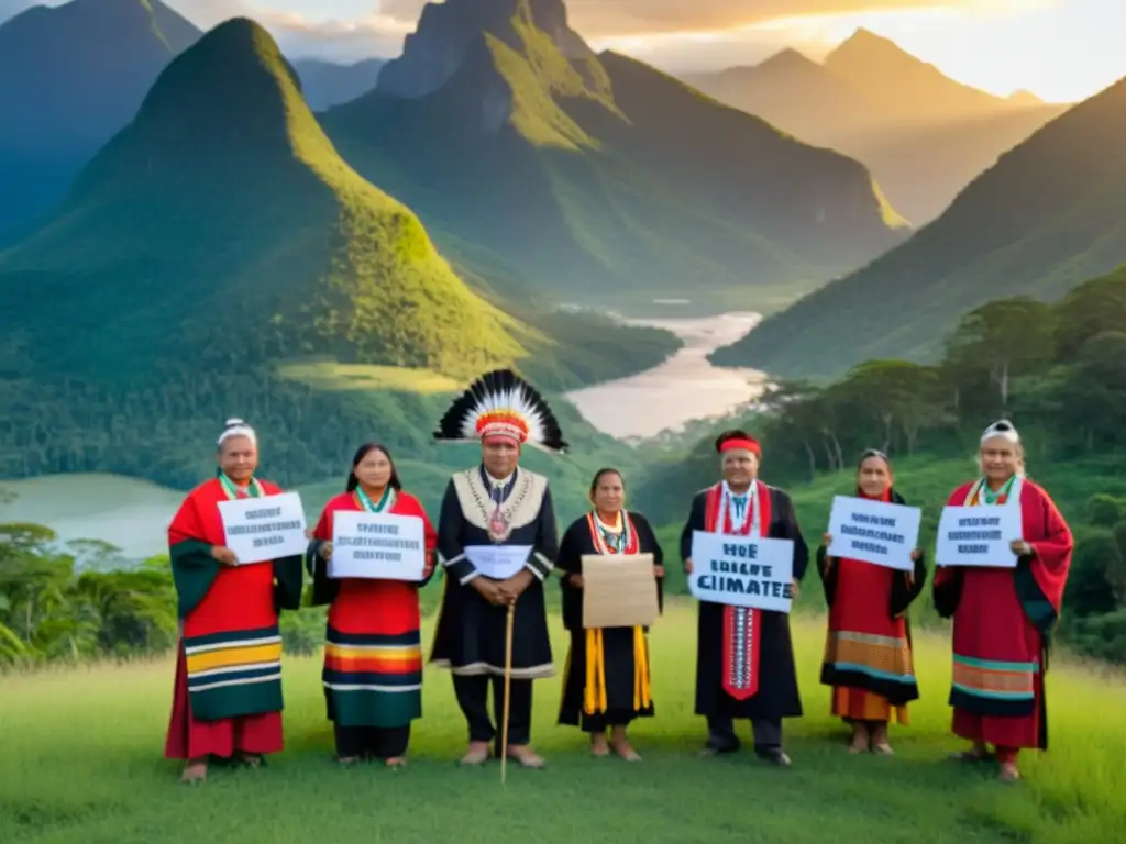 Grupo de líderes indígenas unidos por movimientos indígenas cambio climático, luchando por la justicia ambiental al atardecer en la montaña