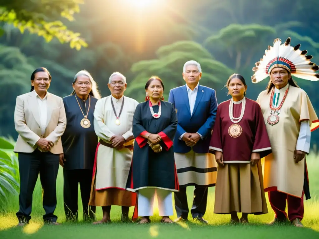 Un grupo de líderes indígenas con vestimenta tradicional, rodeados de exuberante vegetación, reflejando su lucha por los derechos humanos