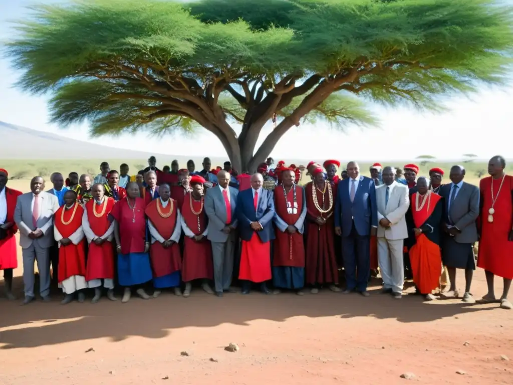 Un grupo de líderes Maasai en intensa discusión con oficiales y representantes de una compañía minera bajo un árbol acacia