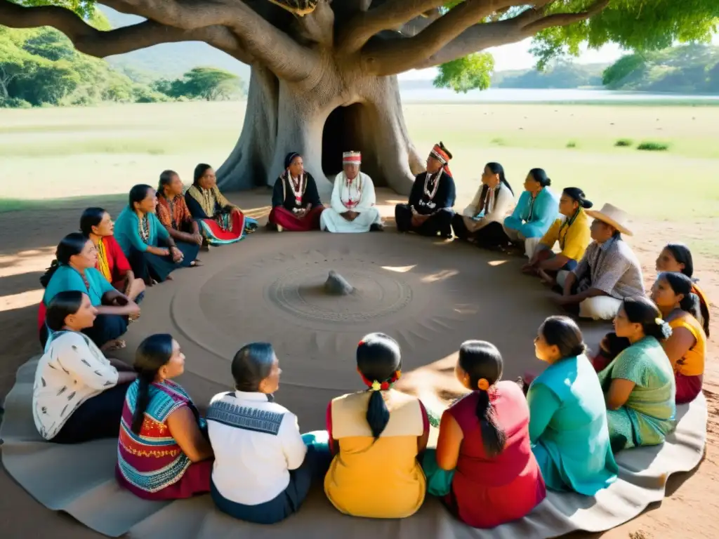 Grupo de líderes y miembros de comunidad indígena reunidos bajo un árbol en profunda discusión