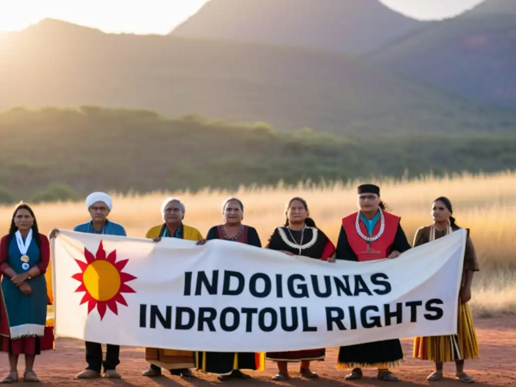 Grupo de líderes indígenas unidos, con el sol poniéndose detrás