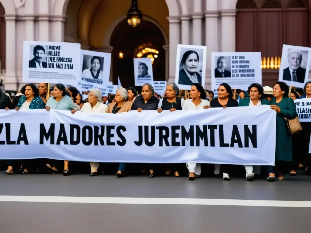 Grupo de Madres y Abuelas de Plaza de Mayo marchando con determinación y resiliencia, en busca de justicia en la icónica Plaza de Mayo