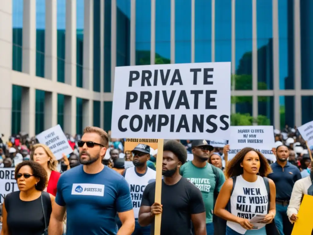 Grupo de manifestantes frente a edificio corporativo denunciando la responsabilidad de empresas militares privadas