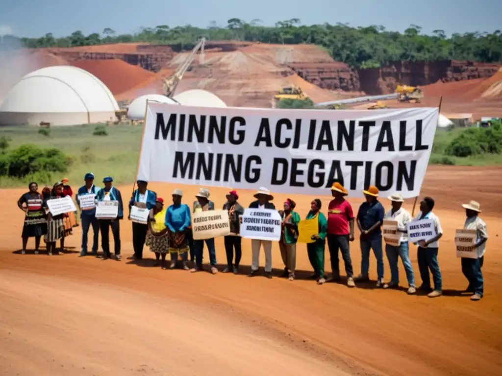 Grupo de manifestantes indígenas y activistas protestando contra la minería, abogando por la protección del medio ambiente y la minería responsable