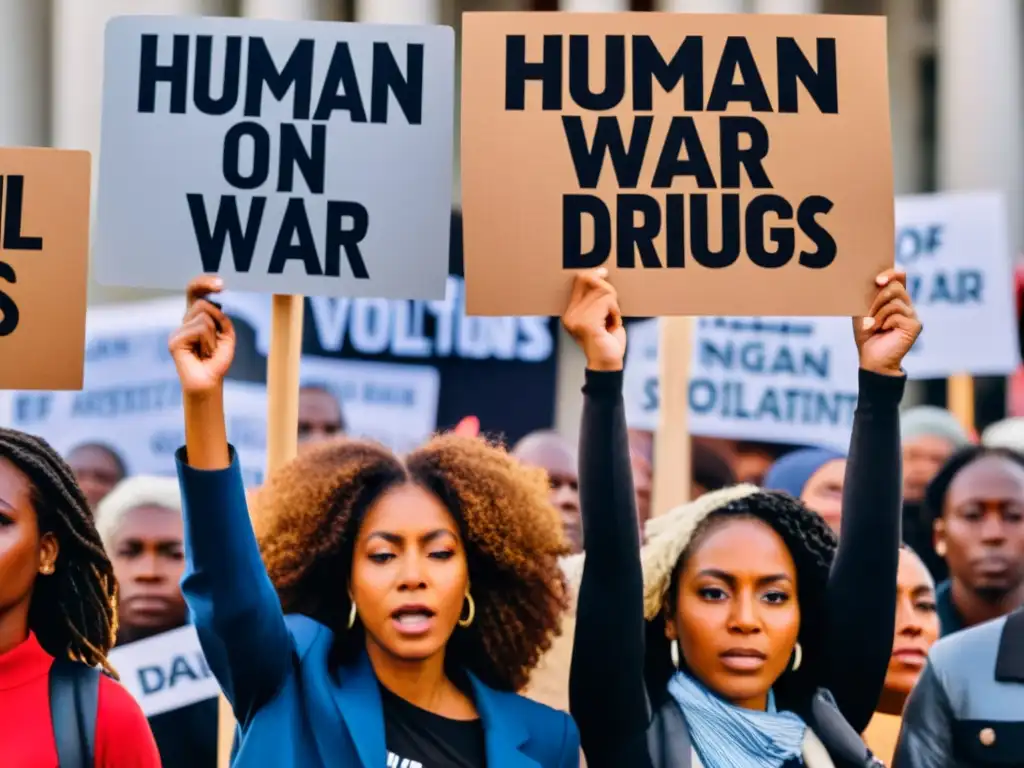 Protesta impactante contra violaciones de derechos humanos Grupo de manifestantes con pancartas denunciando violación de derechos en guerra contra drogas, expresando intensidad y determinación