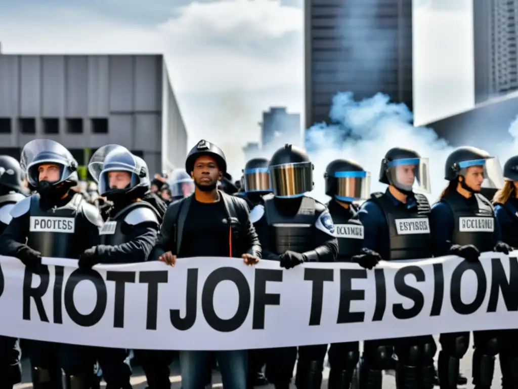 Grupo de manifestantes enfrentando represión policial, expresando el derecho a la protesta con determinación y solidaridad en la calle