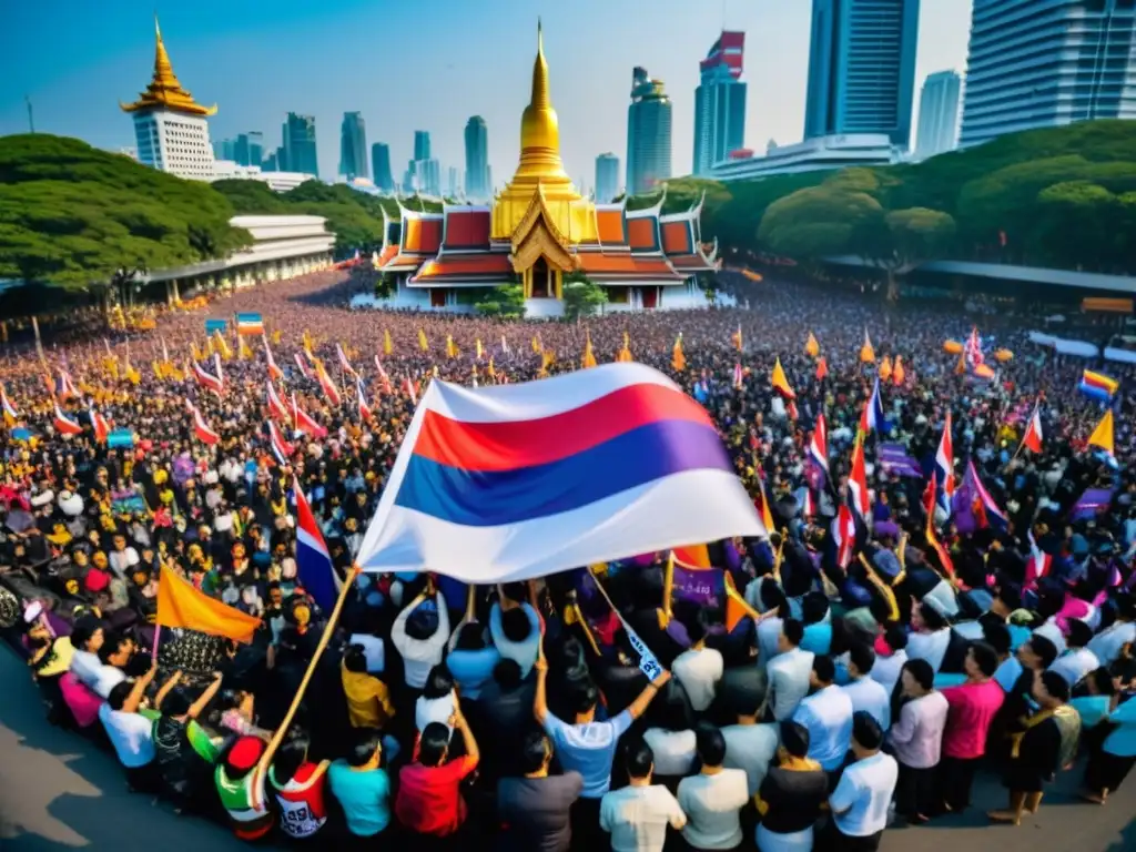 Un grupo de manifestantes tailandeses en tradicionales atuendos protestan contra la dictadura, expresando resistencia cultural