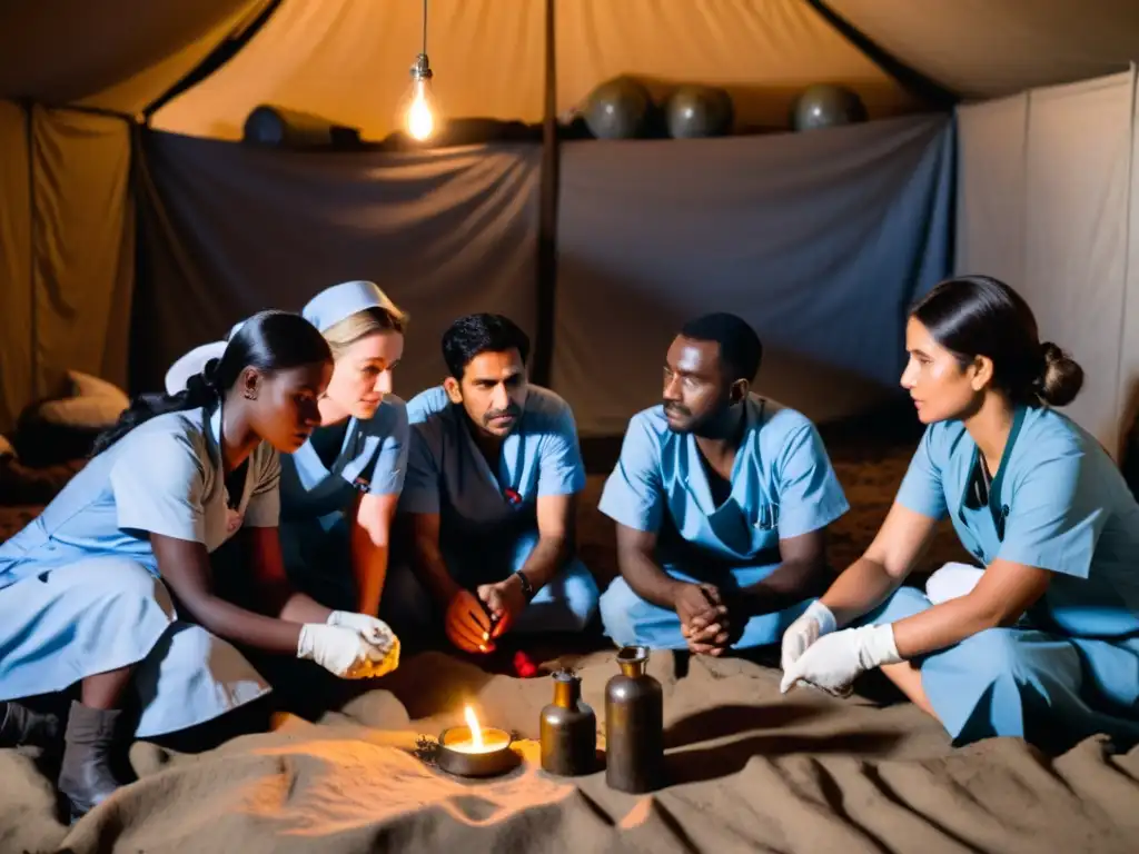 Un grupo de médicos y enfermeras agotados trabajando en un hospital de campaña improvisado en una zona de conflicto