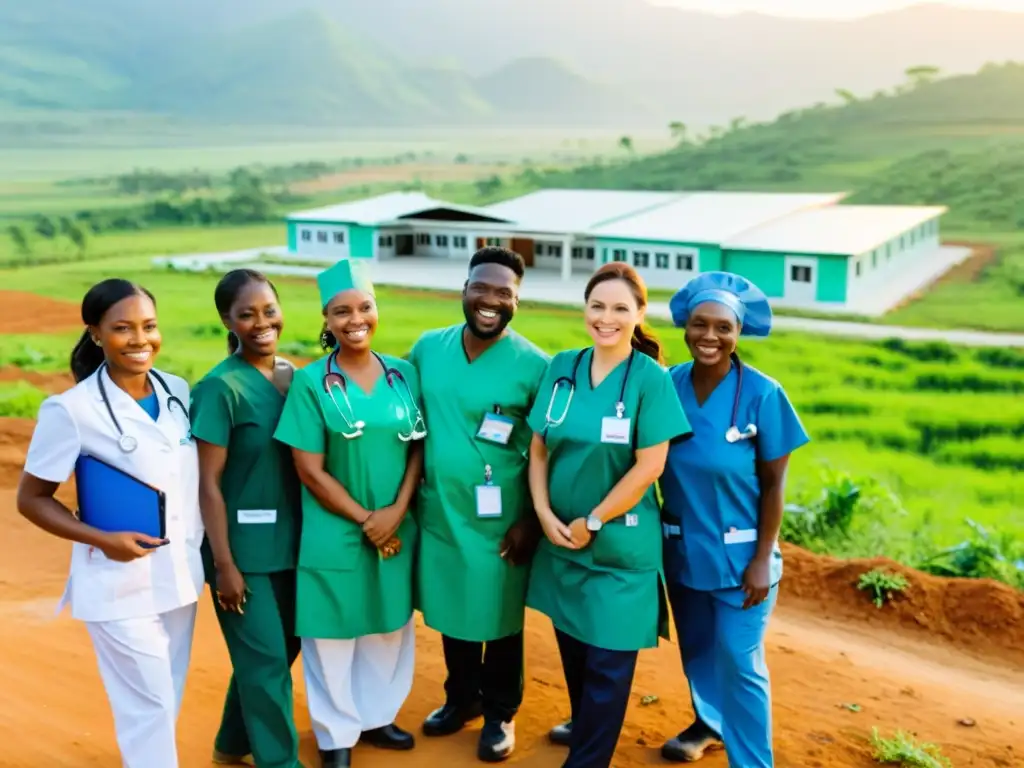 Un grupo de médicos y enfermeras celebran la inauguración de un centro de salud en una zona rural, rodeados de una comunidad agradecida